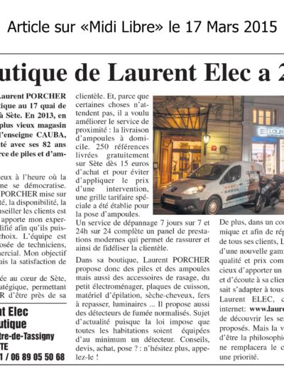 Laurent Elec électricien à Sète et Montpellier - Article de presse