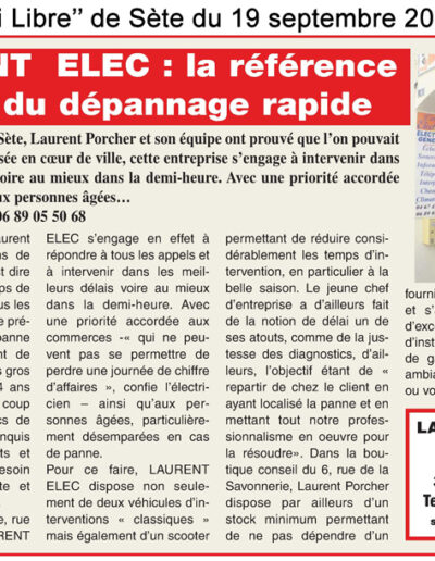 Laurent Elec électricien à Sète et Montpellier - Article de presse