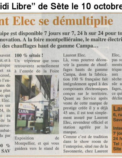 Laurent Elec électricien à Sète et Montpellier - Article de presse