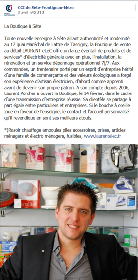 Laurent Elec électricien à Sète et Montpellier - Article de presse