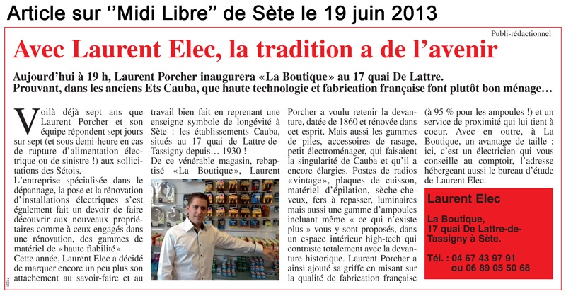 Laurent Elec électricien à Sète et Montpellier - Article de presse