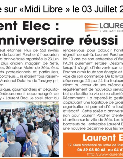 Laurent Elec électricien à Sète et Montpellier - Article de presse
