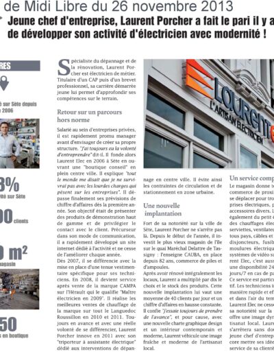 Laurent Elec électricien à Sète et Montpellier - Article de presse